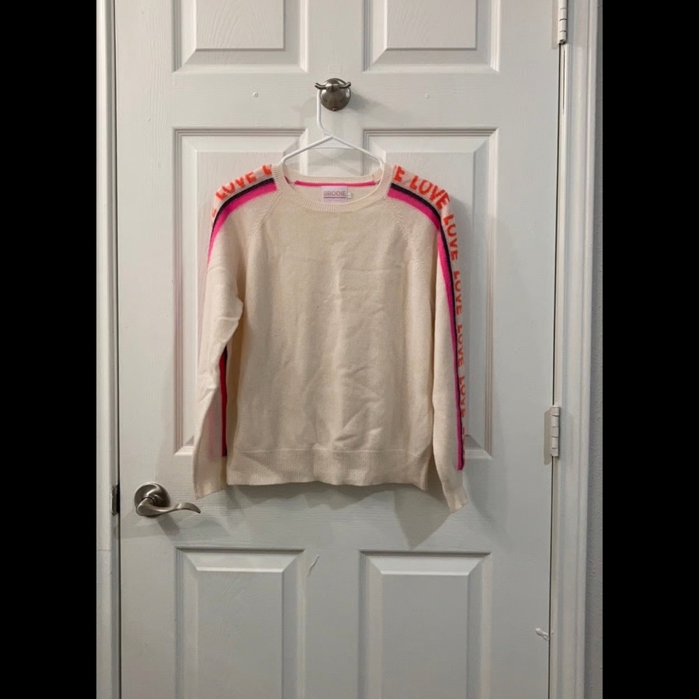Brodie Cashmere Women's Cream Sweater with Pink and Orange Accents